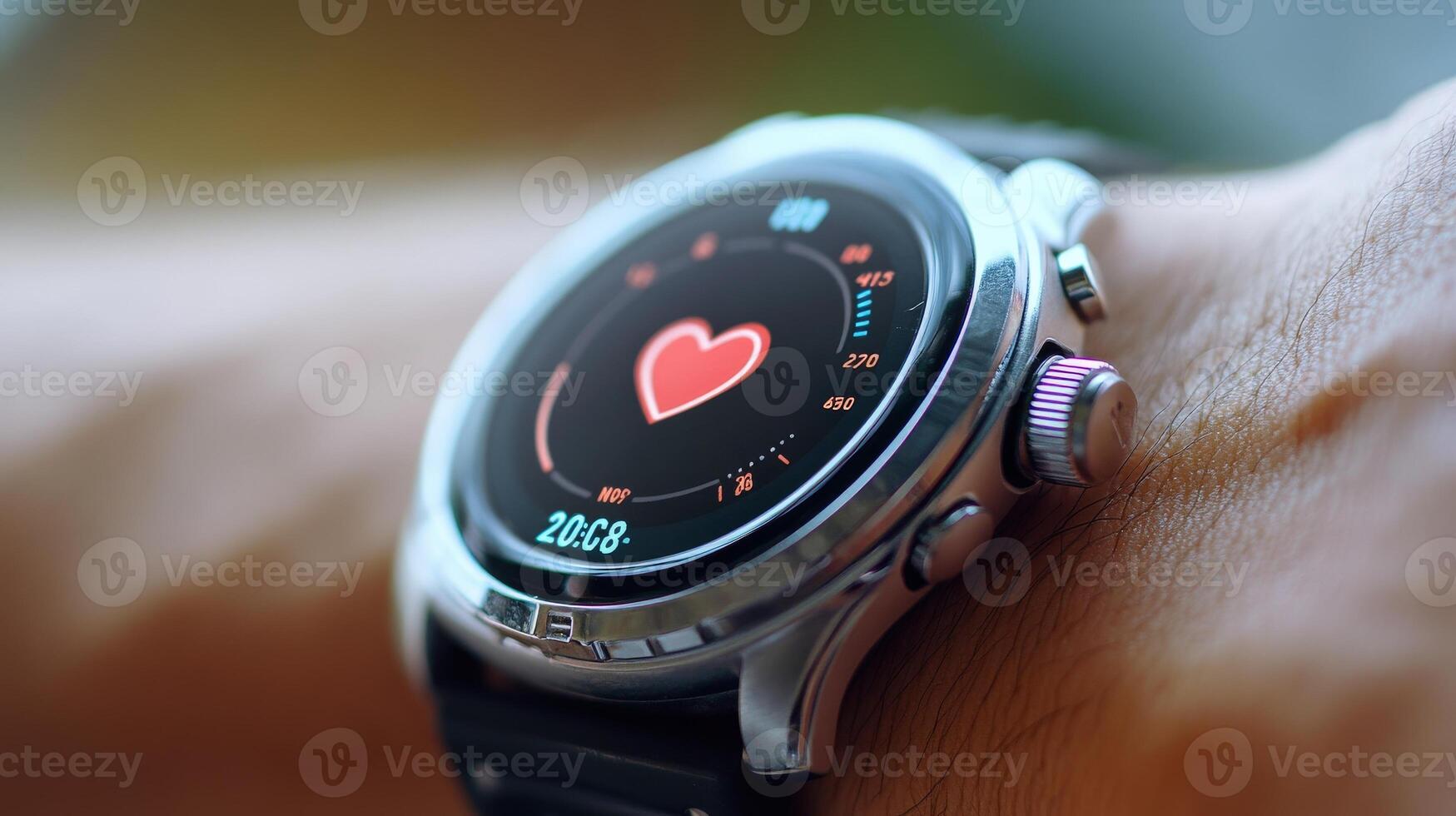 Close-up view of a modern fitness smart watch displaying heart rate data. photo