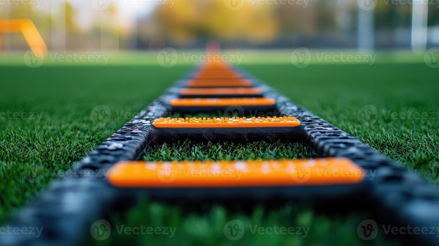 Perspective view of agility training ladder on a field. photo