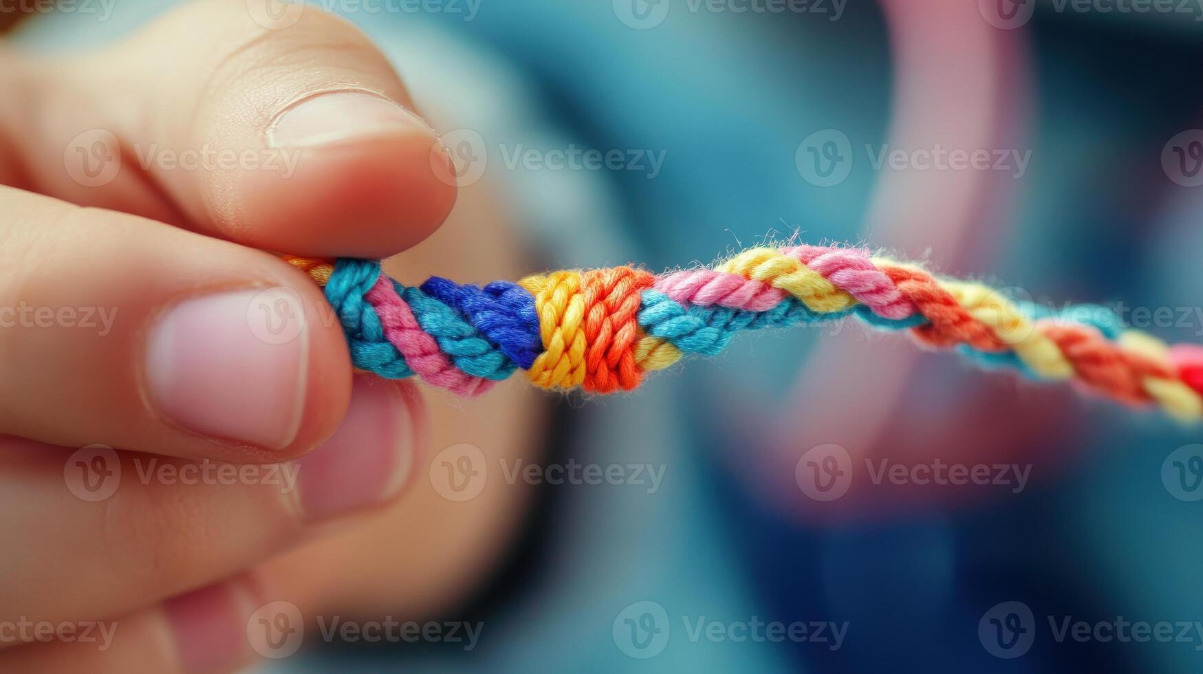 Close-up view of a hand holding a colorful braided cord. photo