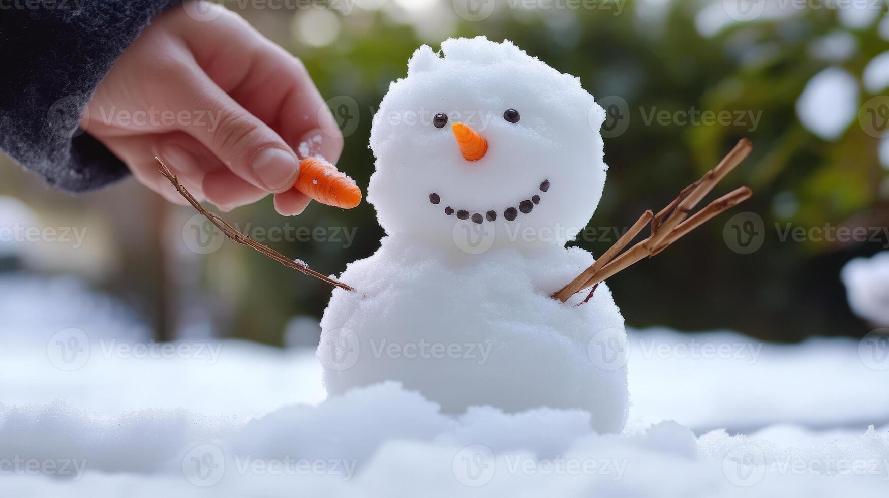 Child's hand adding a carrot nose to a small snowman. photo