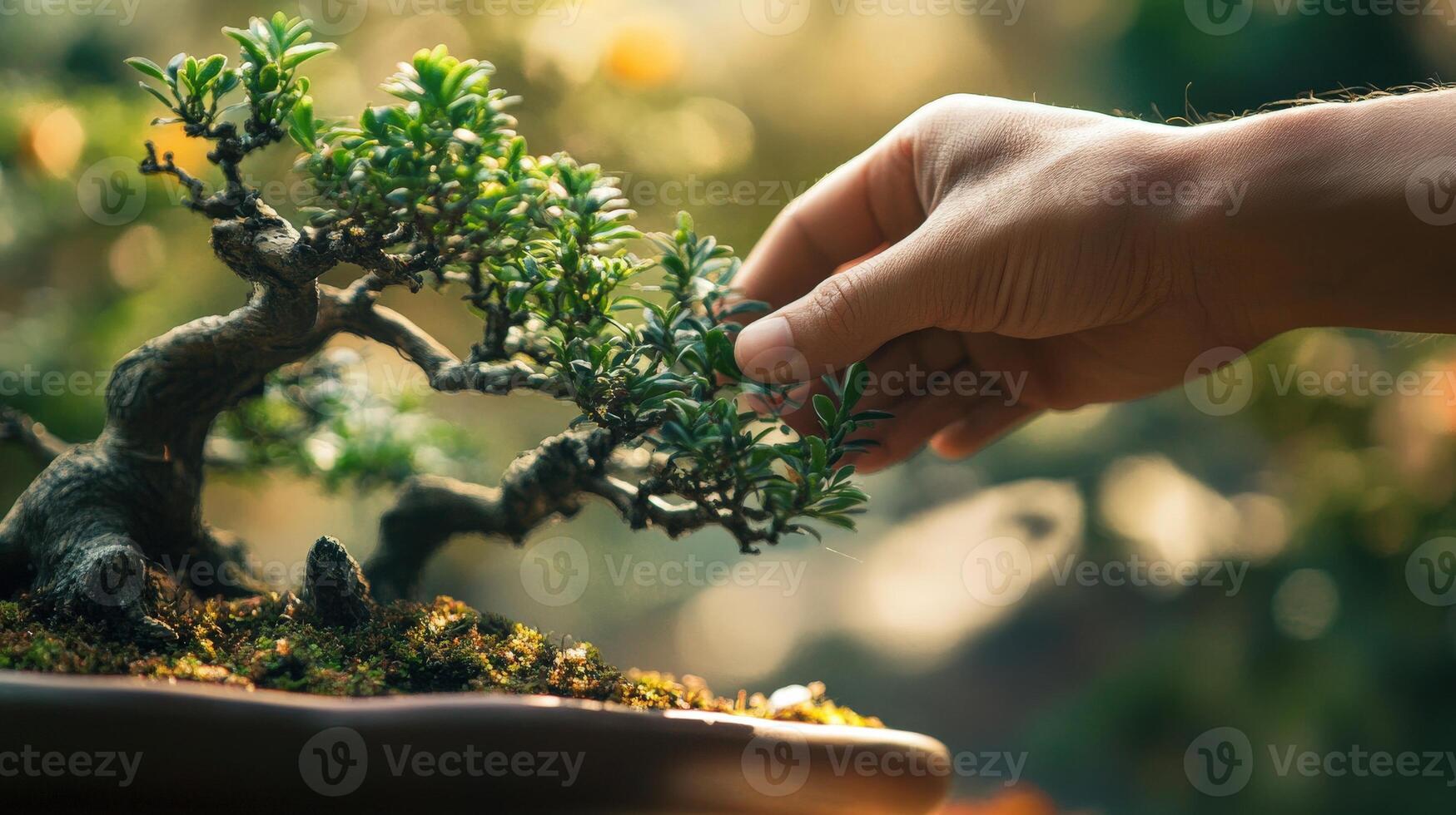 Carefully tending a miniature bonsai tree in a pot. photo