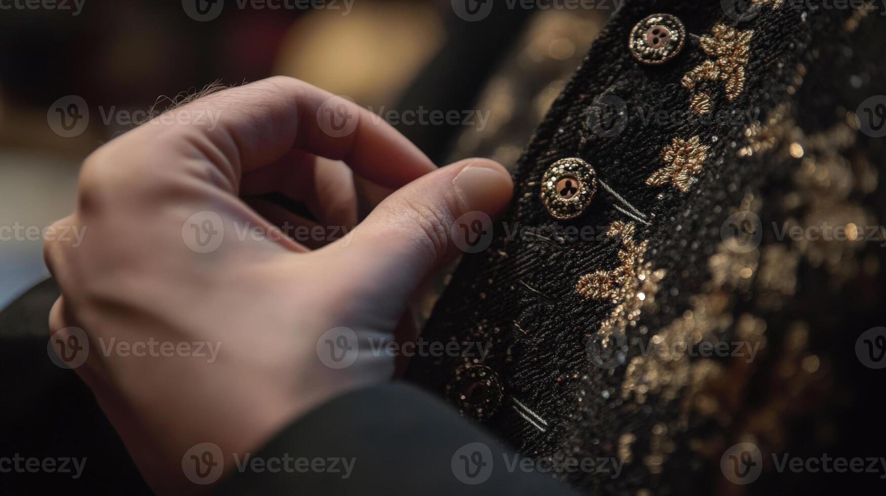 Close-up of a hand meticulously securing a decorative garment. photo