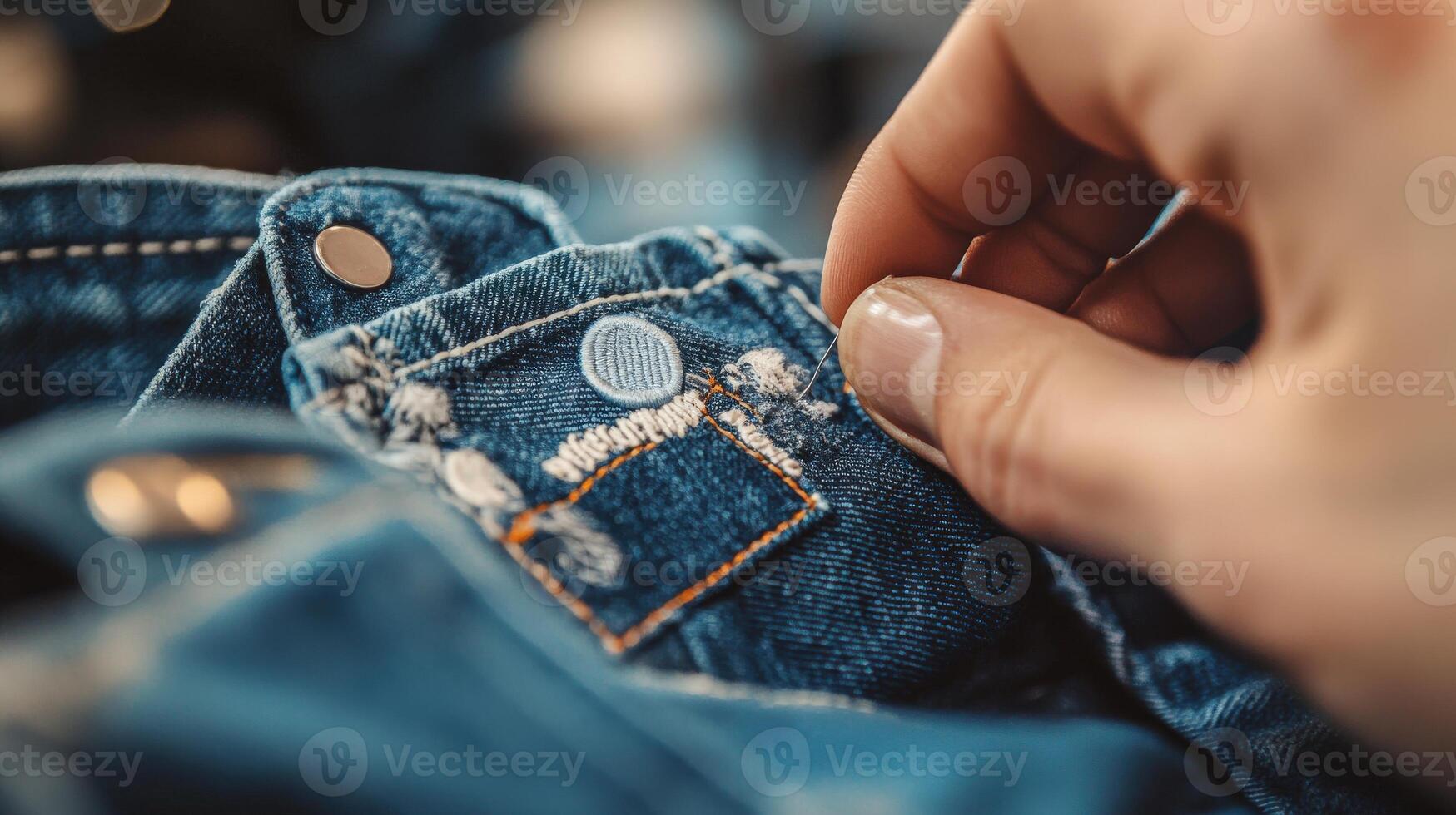 Close-up view of a person's hand examining denim fabric. photo