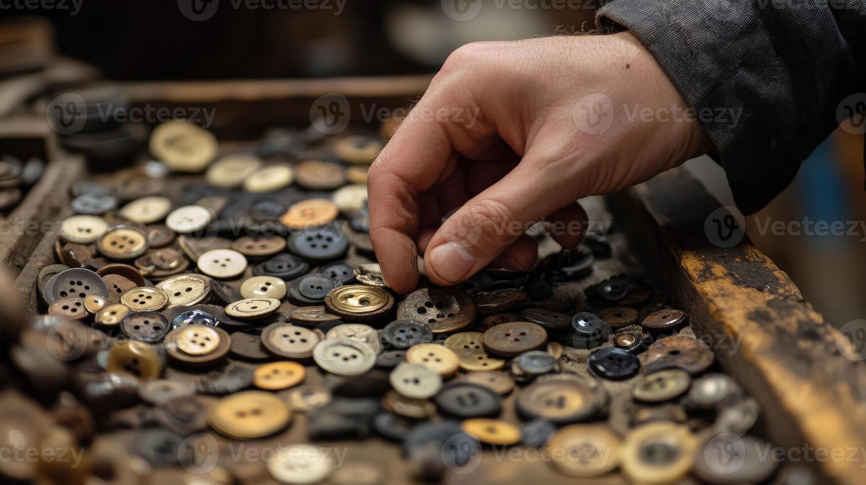 A hand selecting a button from a collection of vintage buttons. photo