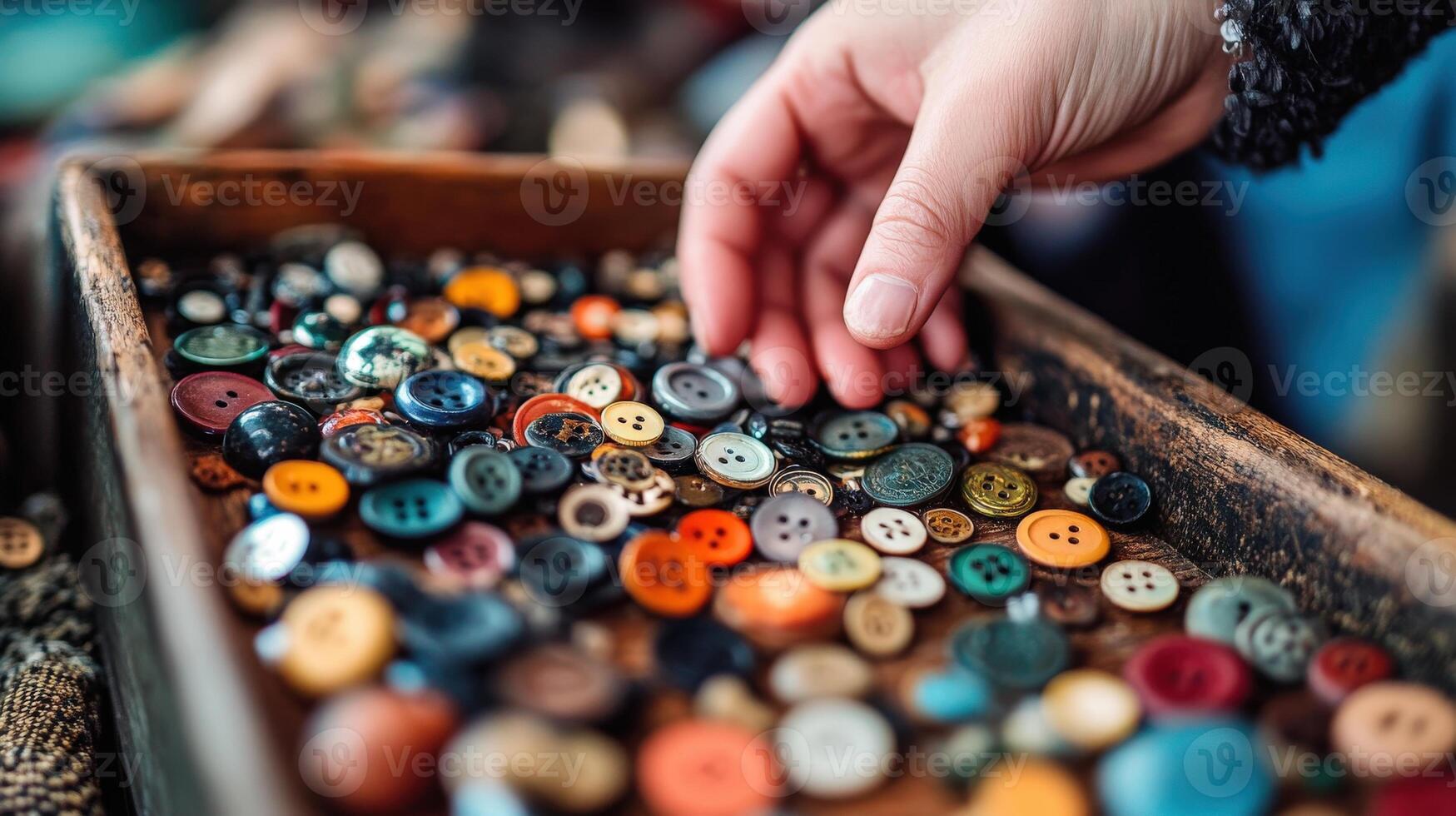 Wooden tray filled with colorful buttons, hand reaching in. photo