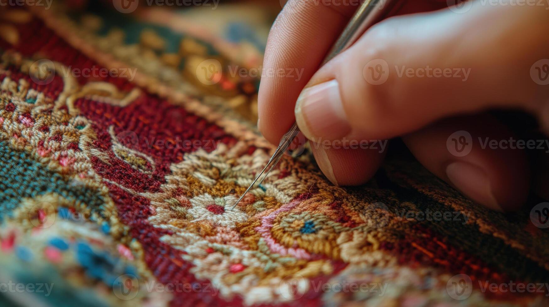 Close-up view of intricate carpet weaving detail. photo