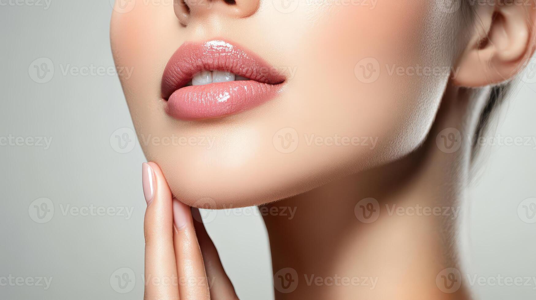 Close-up view of a woman's flawless complexion and beautiful lips. photo