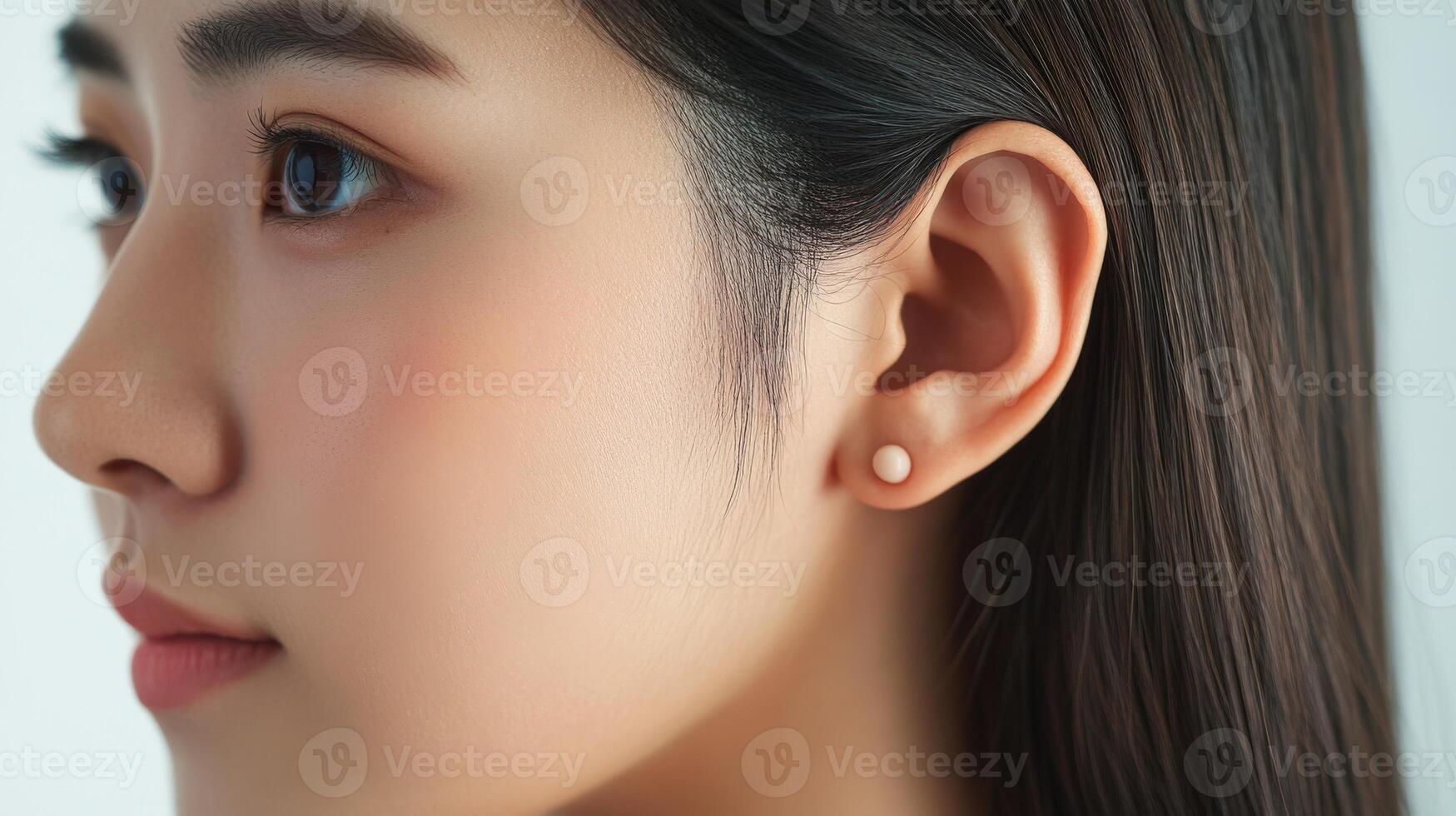 Close-up profile view of a woman's face and earrings. photo