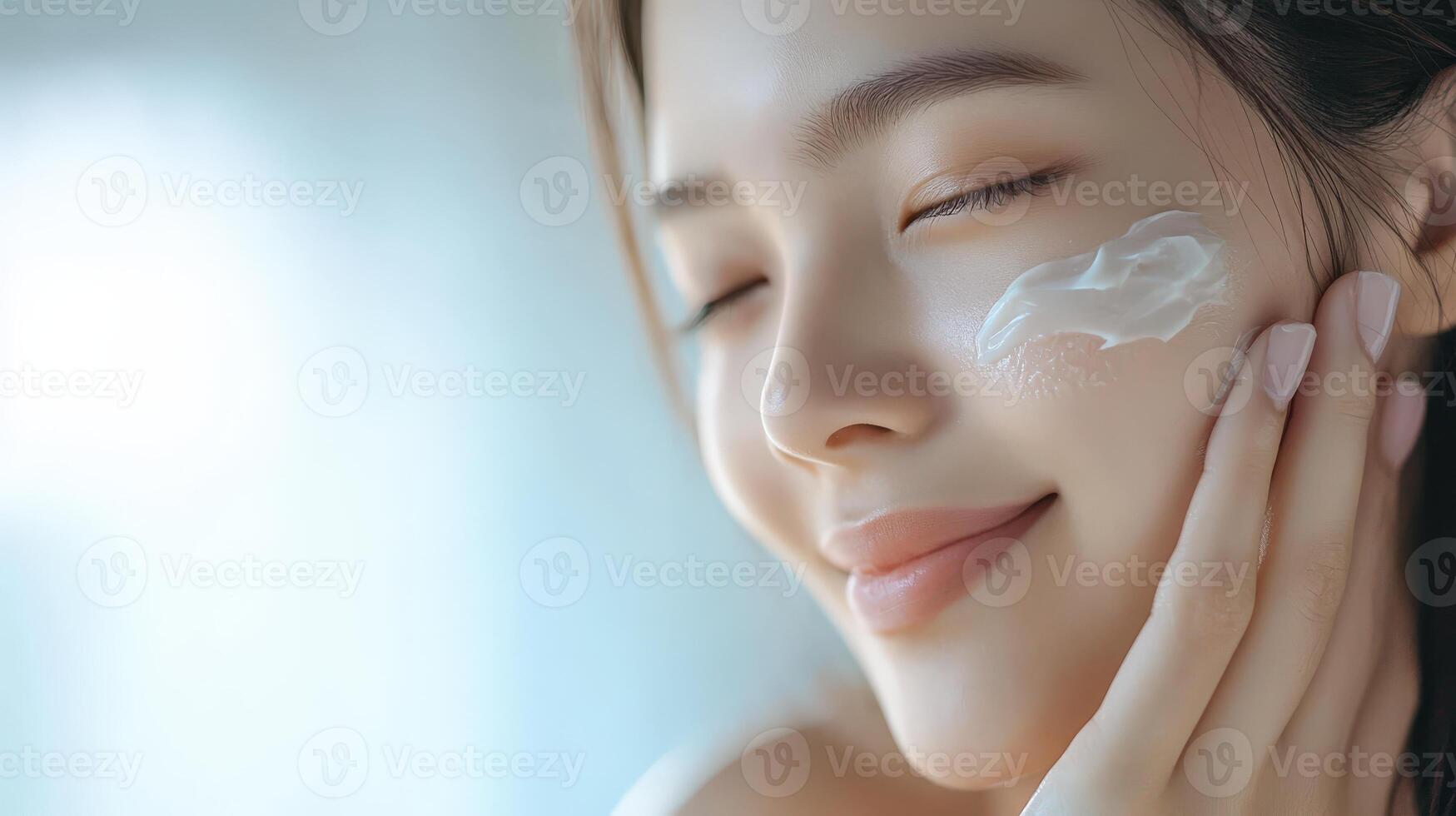 Close-up of a woman applying facial cream. photo