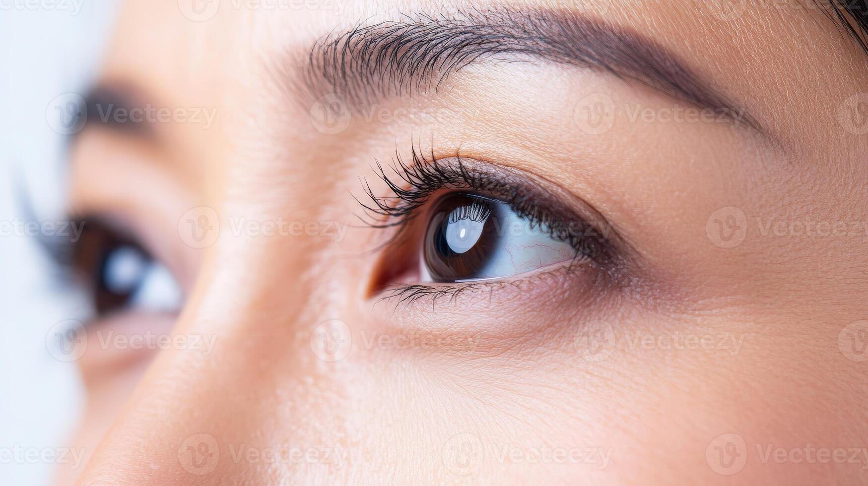 Close-up view of a person's eyes looking upward. photo