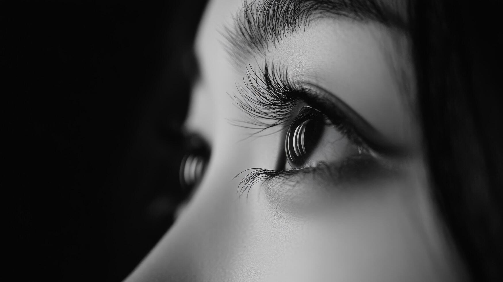 Close-up grayscale profile view of a person's eyes and face. photo