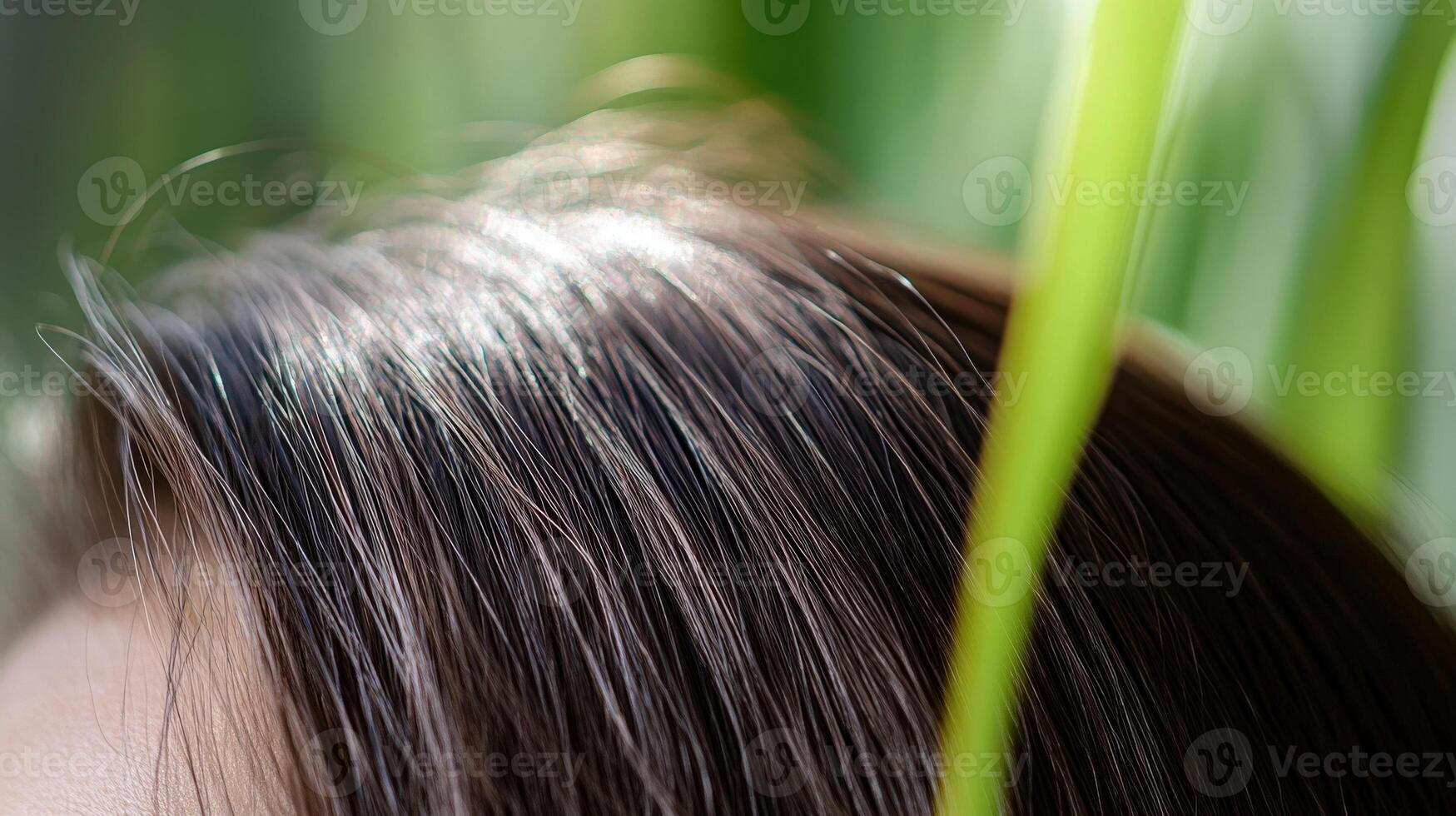 Close-up view of subtly streaked human hair. photo