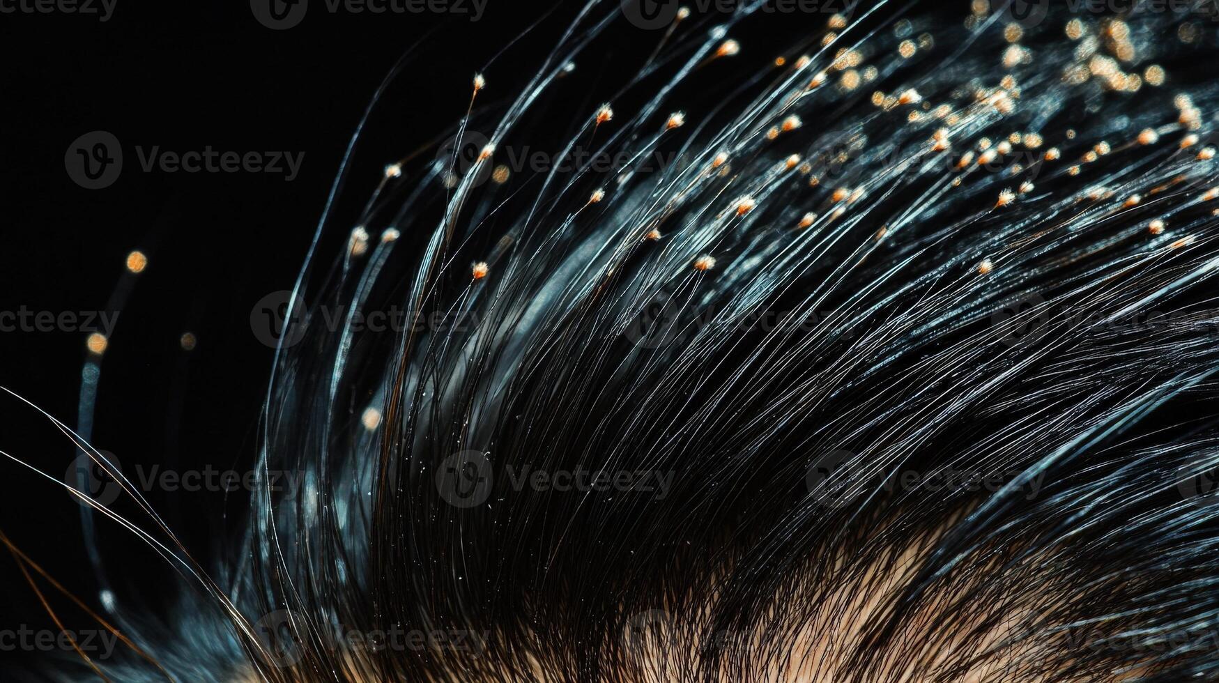 Close-up view of dark hair strands with fine particles. photo