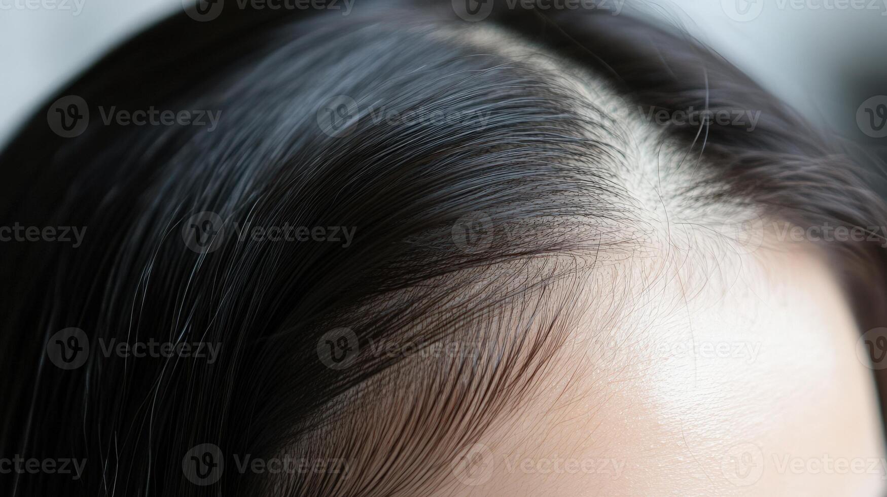 Close-up view of a woman's smooth dark hair and forehead. photo