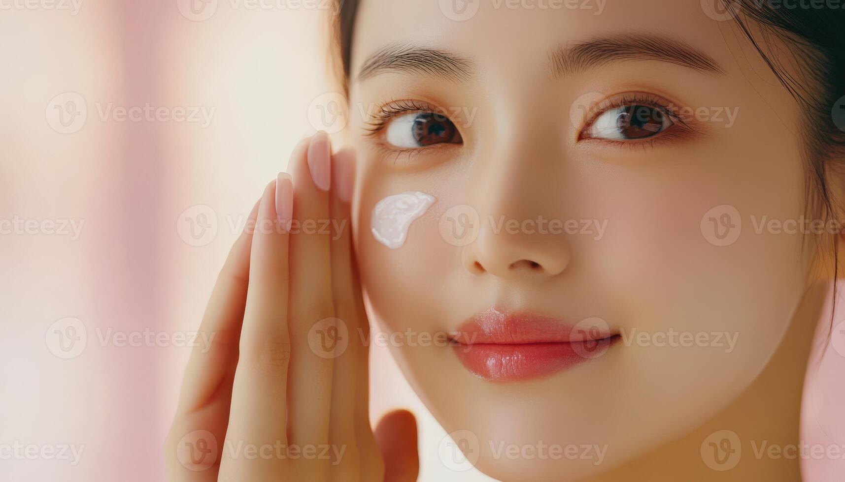Close-up of a person applying facial cream. photo