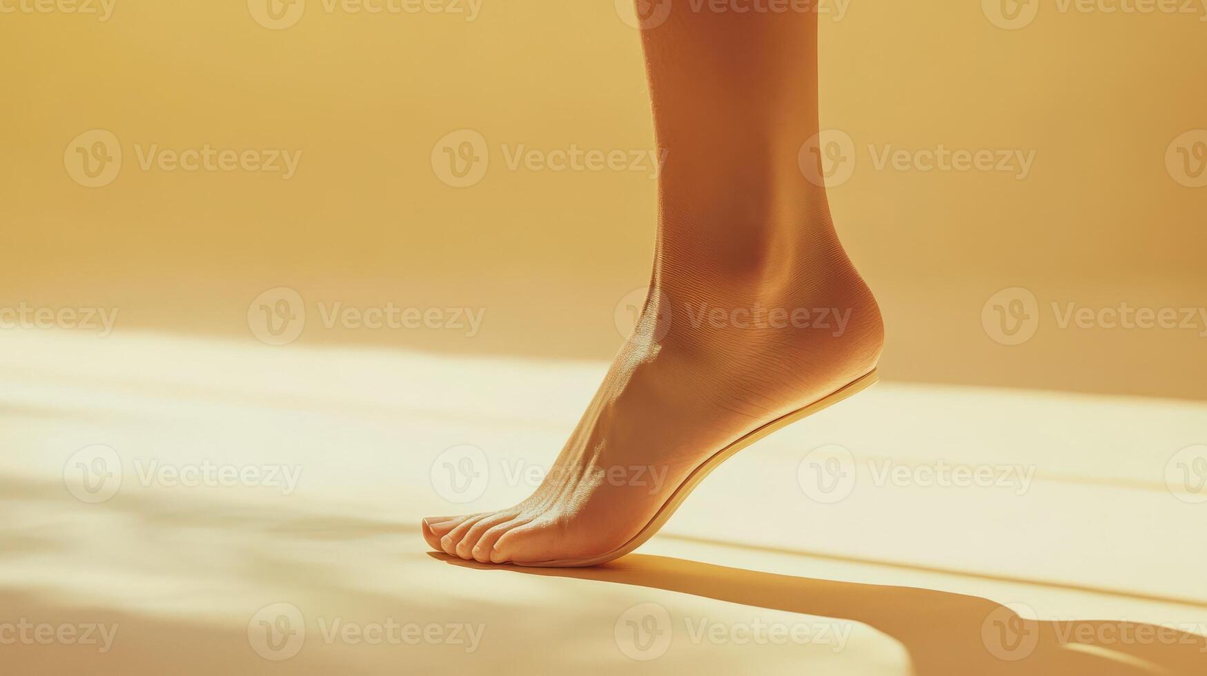 Close-up view of a human foot rising on a light beige surface. photo