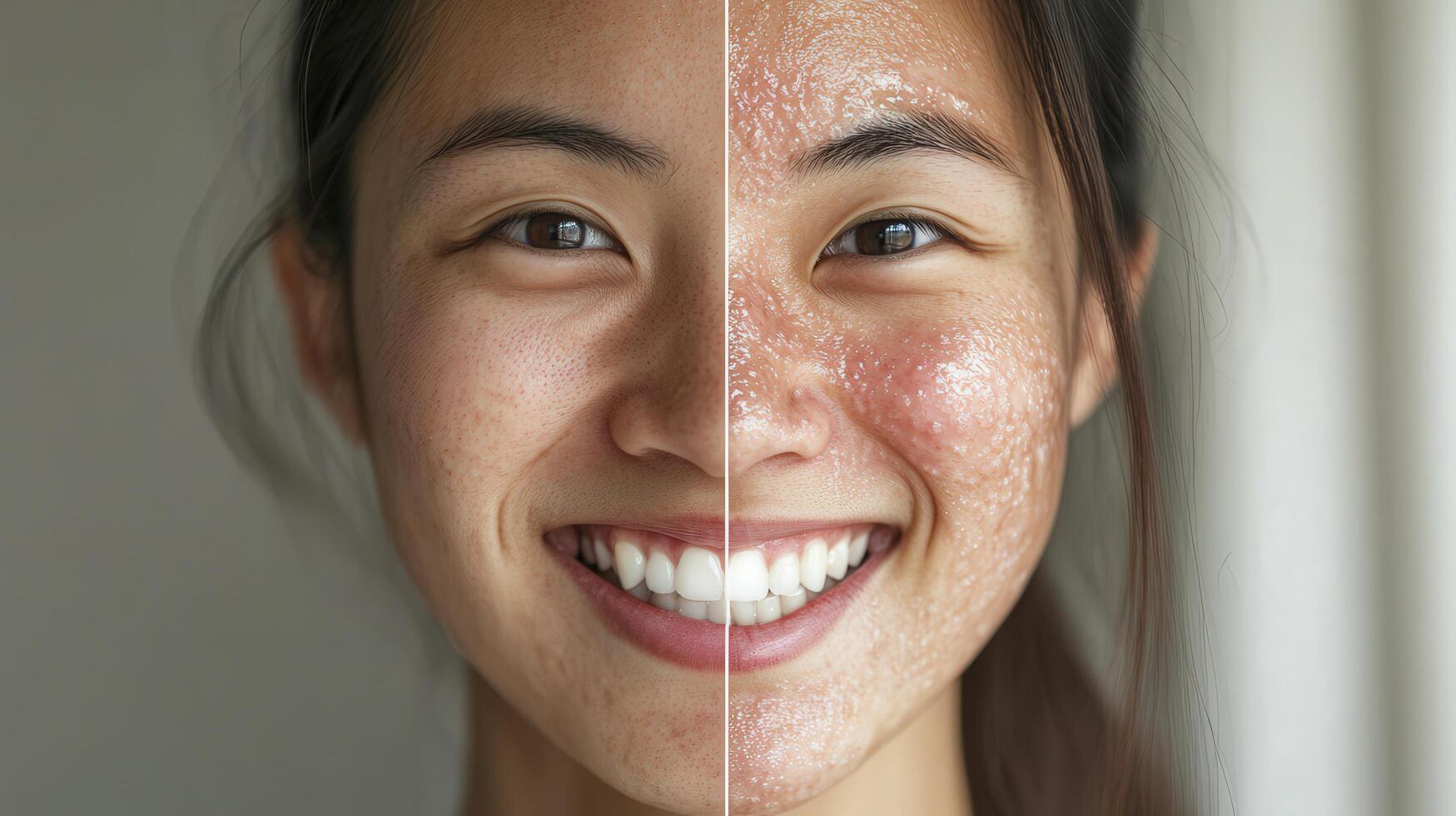 Before and after comparison of skin condition on a person's face. photo