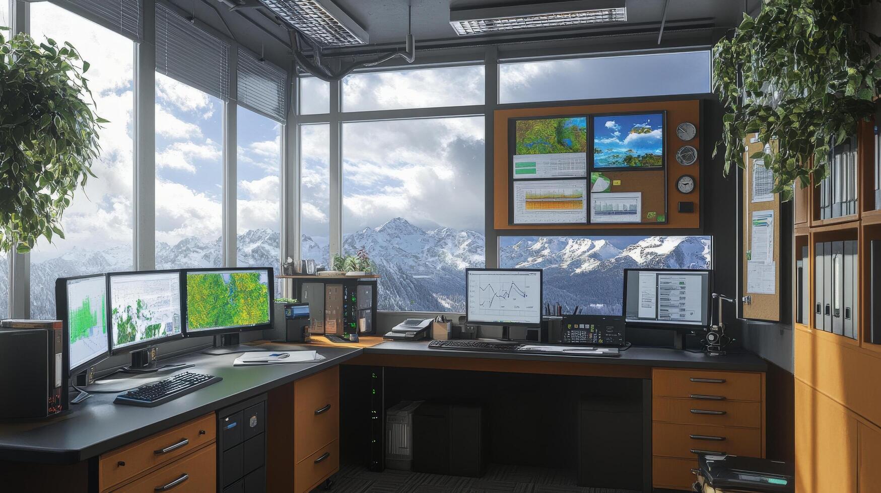 High-altitude office overlooking snowy mountain range. photo