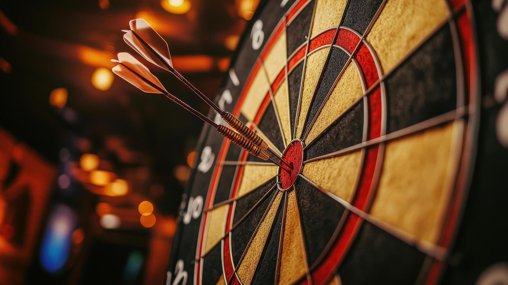 Close-up view of darts in the bullseye of a dartboard. photo
