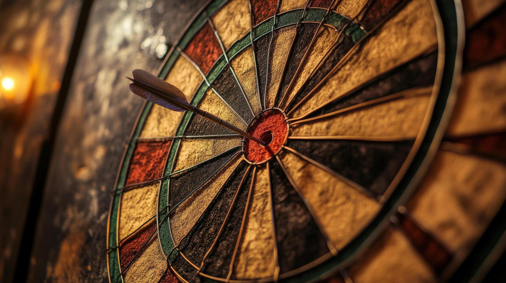 A dart is in the center of a dartboard photo