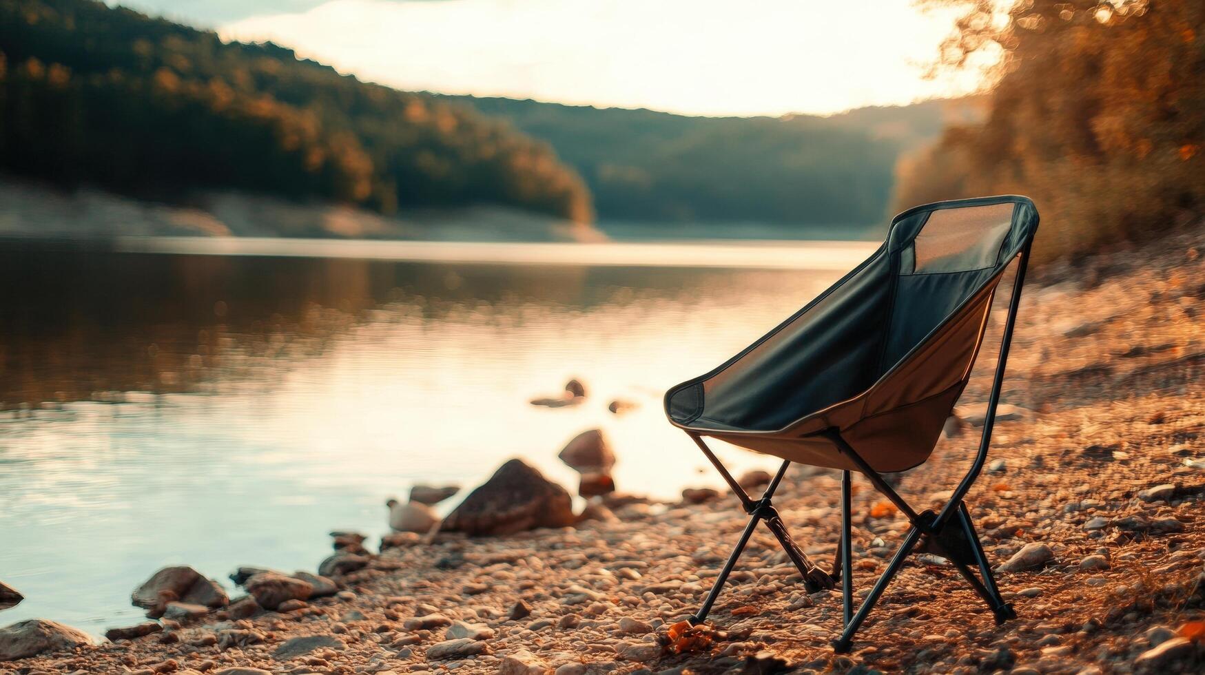 Folding chair by a tranquil lake at sunset. photo