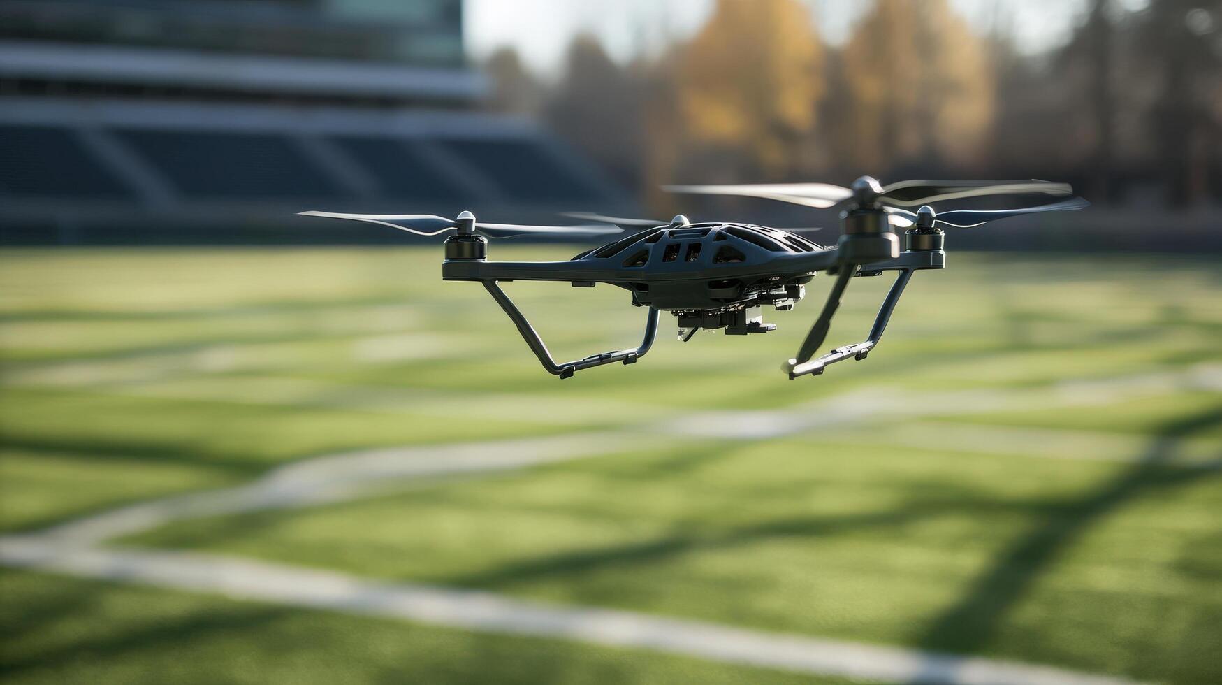 Dark drone hovering over a stadium field. photo