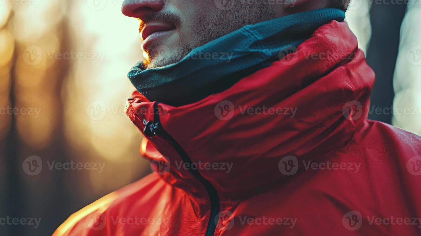 Close-up view of a man's red jacket collar in the woods. photo