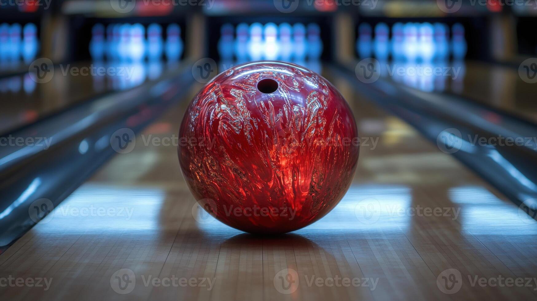 Red bowling ball positioned on bowling alley. photo