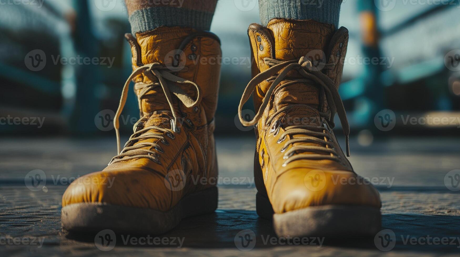 Close-up view of a pair of worn, mustard-yellow work boots. photo