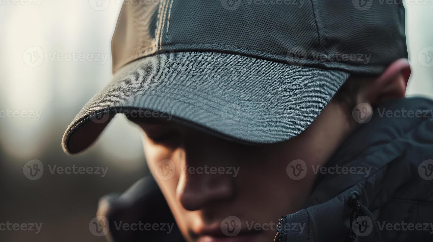 Close-up view of a person wearing a dark gray baseball cap. photo