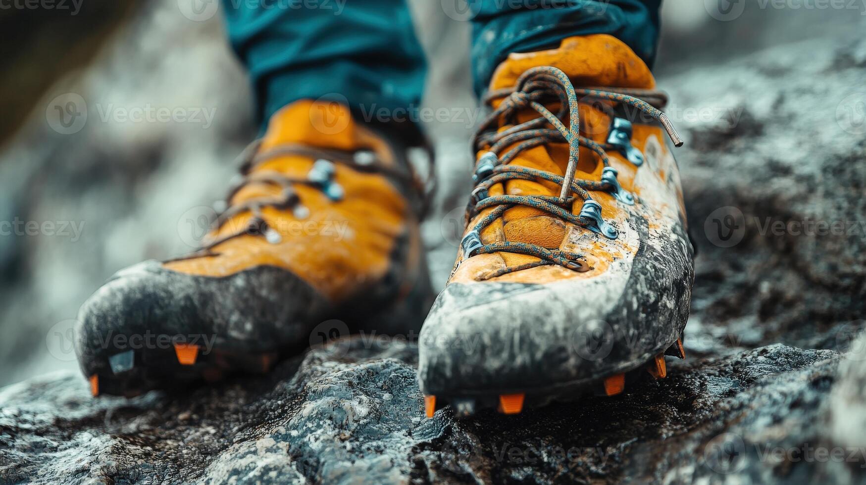 Close-up view of dirty hiking boots on rocky terrain. photo