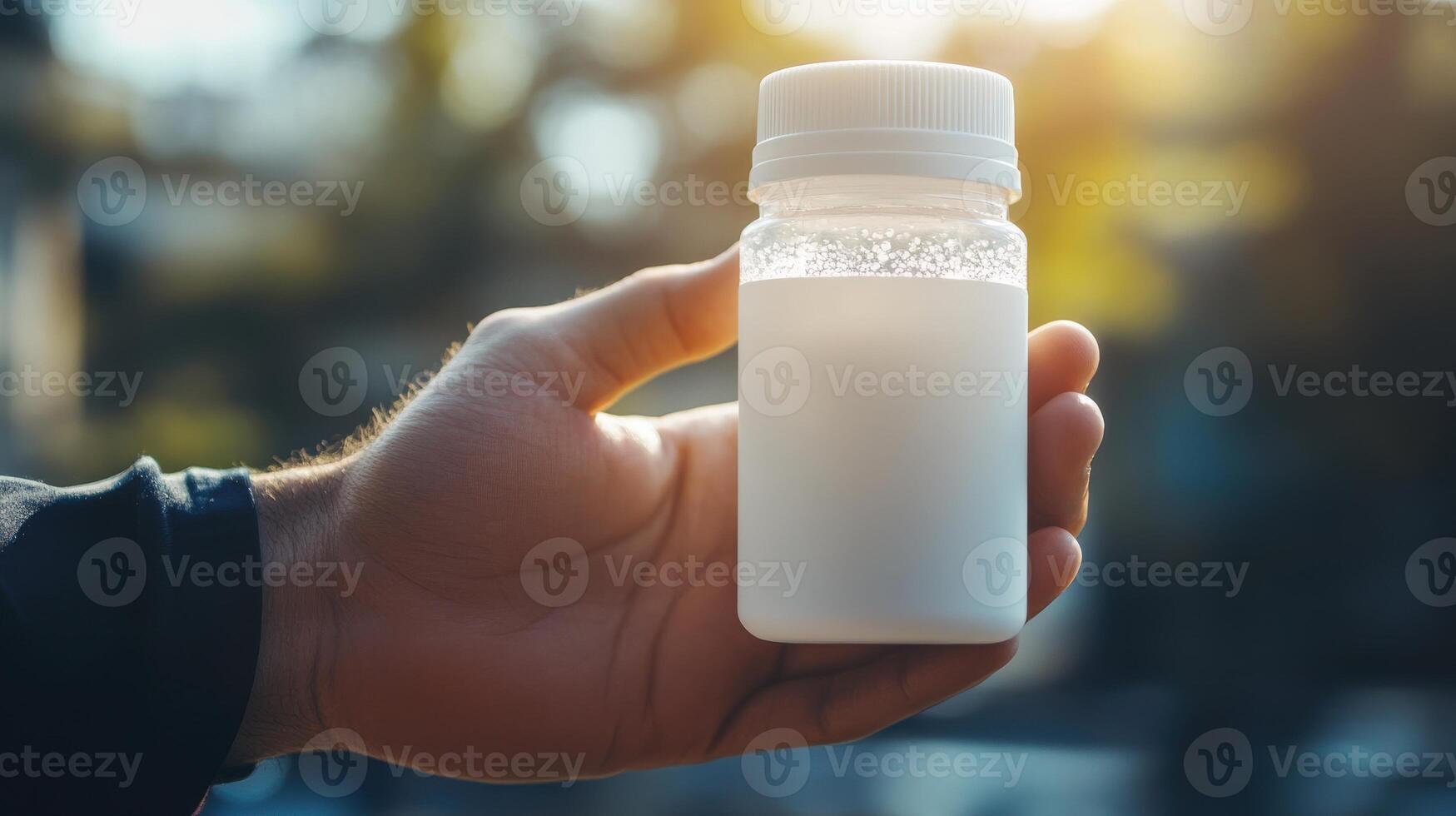 Close-up view of a white plastic bottle held by a hand. photo