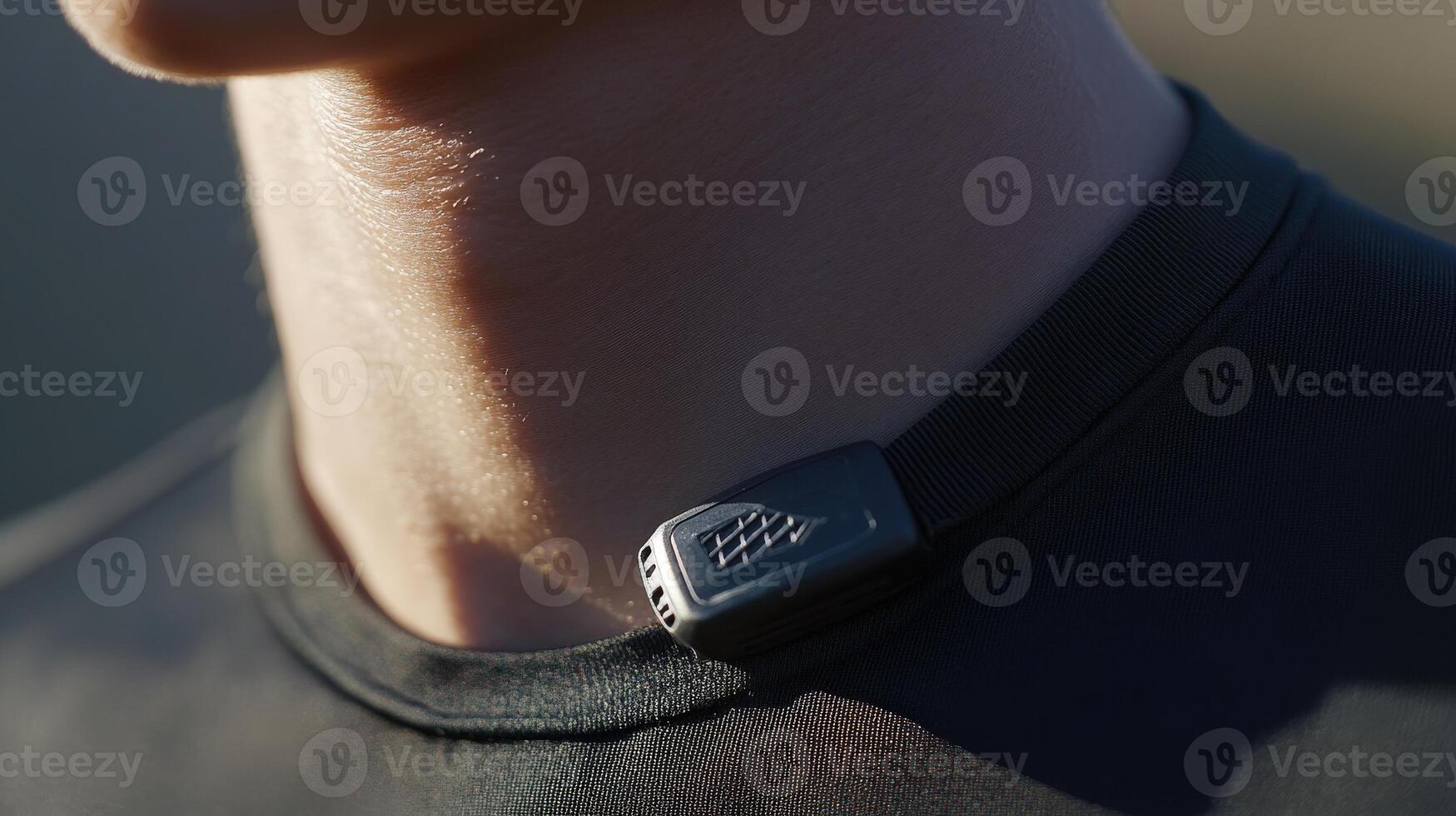Close-up view of a dark gray device attached to a person's neck. photo