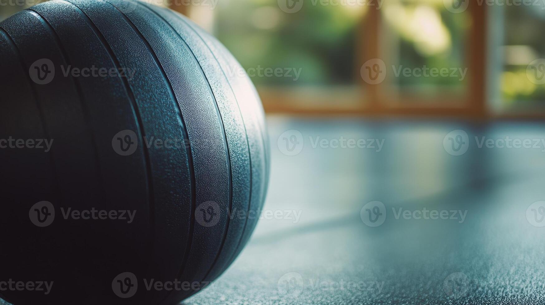 Dark exercise ball resting on a gym floor. photo