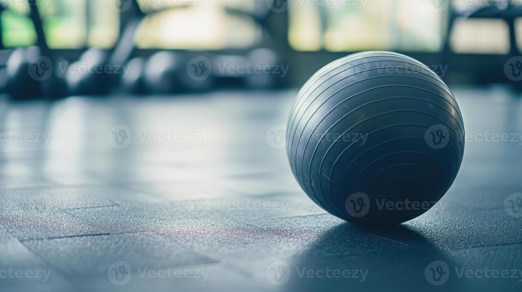 Gray exercise ball resting on a gym floor. photo