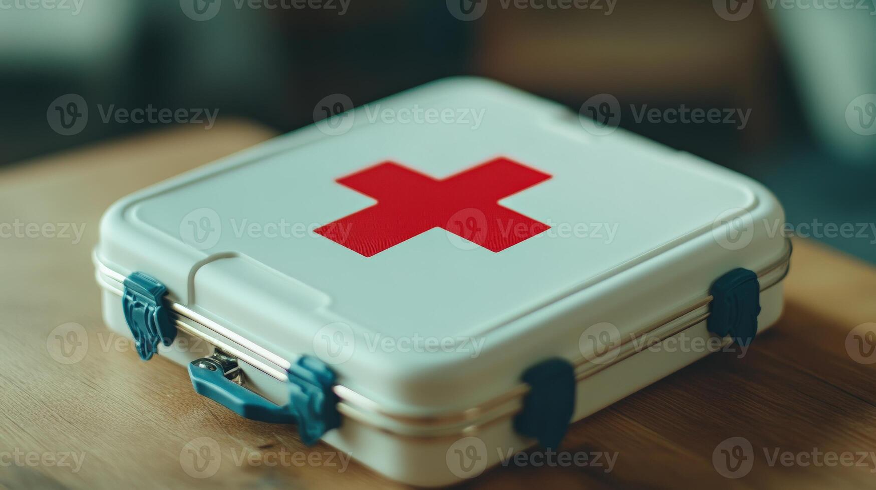 First-aid kit resting on a wooden surface. photo