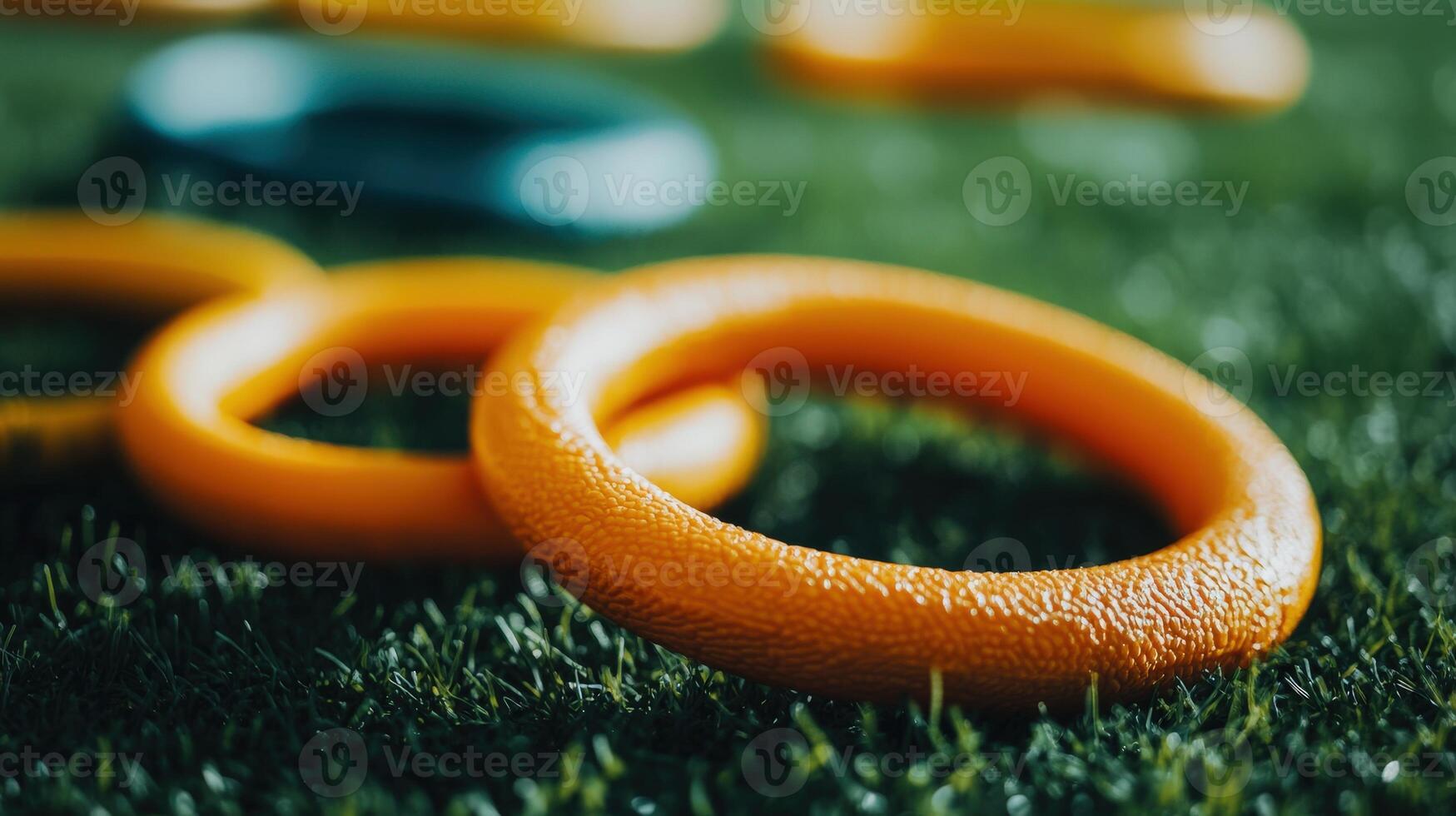 Close-up view of two bright orange rings on artificial grass. photo