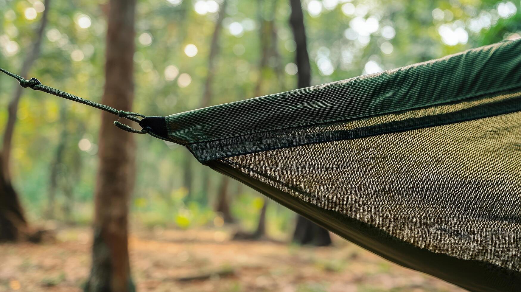 Close-up of a hammock's mesh netting in a forest. photo