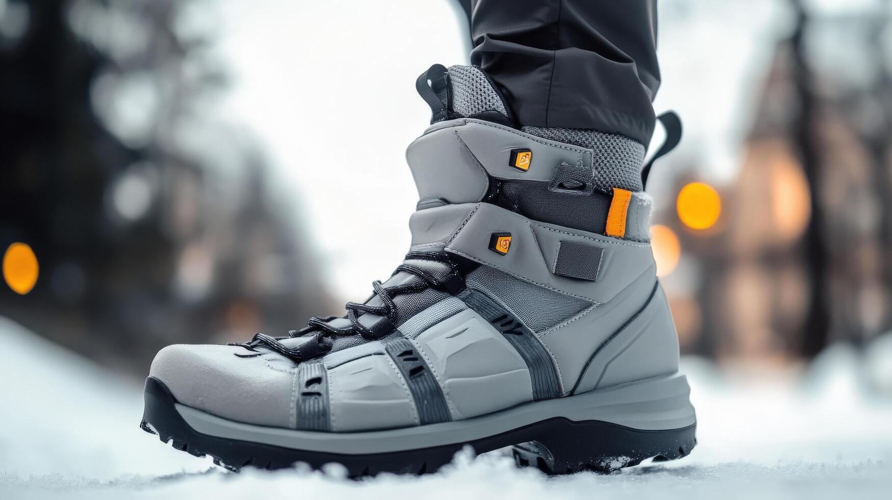 Closeup of gray hiking boots on snowy ground. photo