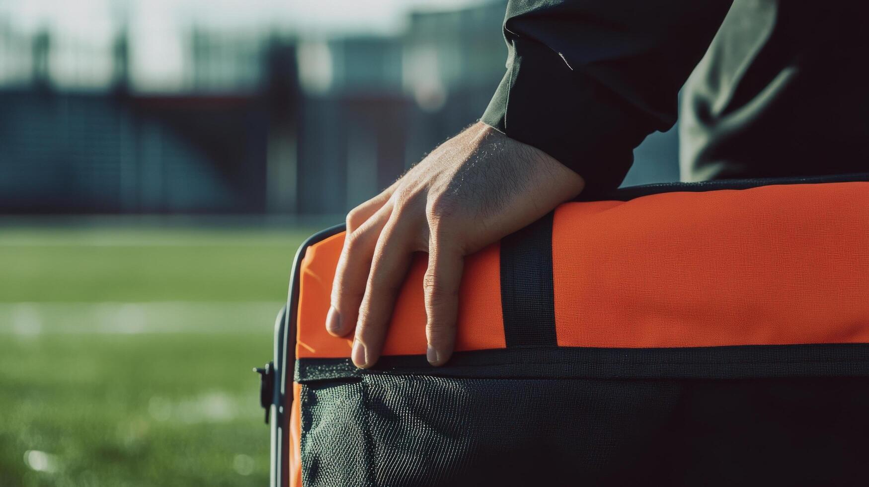 Close-up view of a person holding an orange insulated bag. photo
