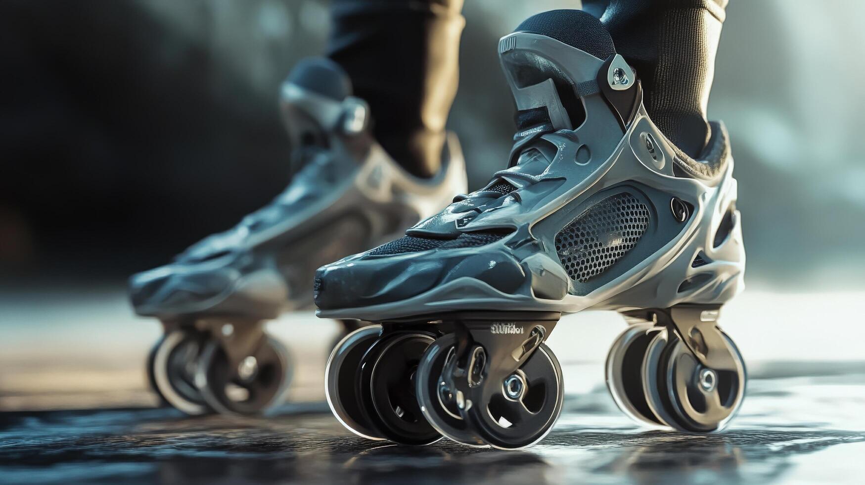Close-up view of modern roller skates on a wet surface. photo