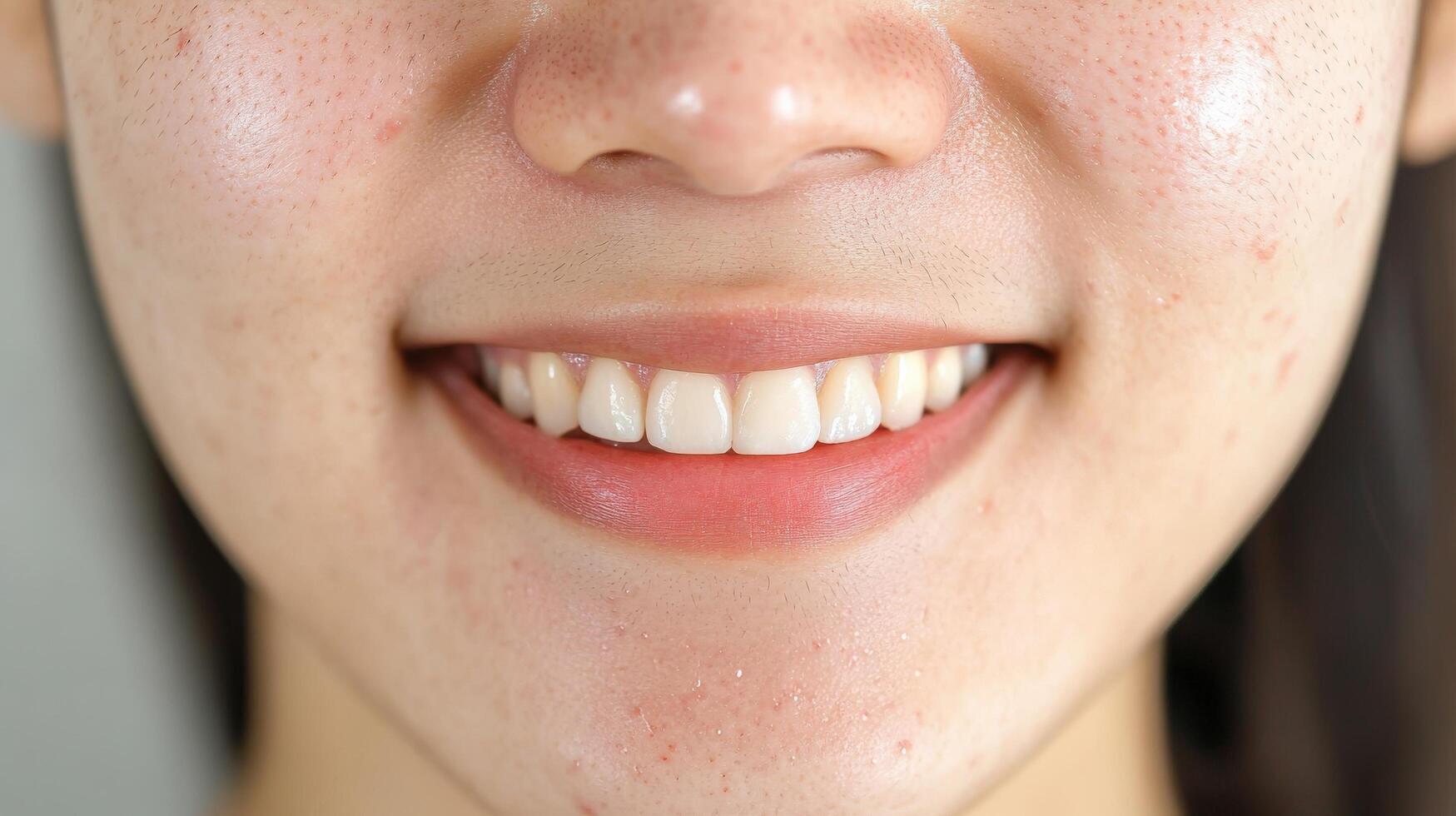 Close-up view of a person's smiling face and teeth. photo