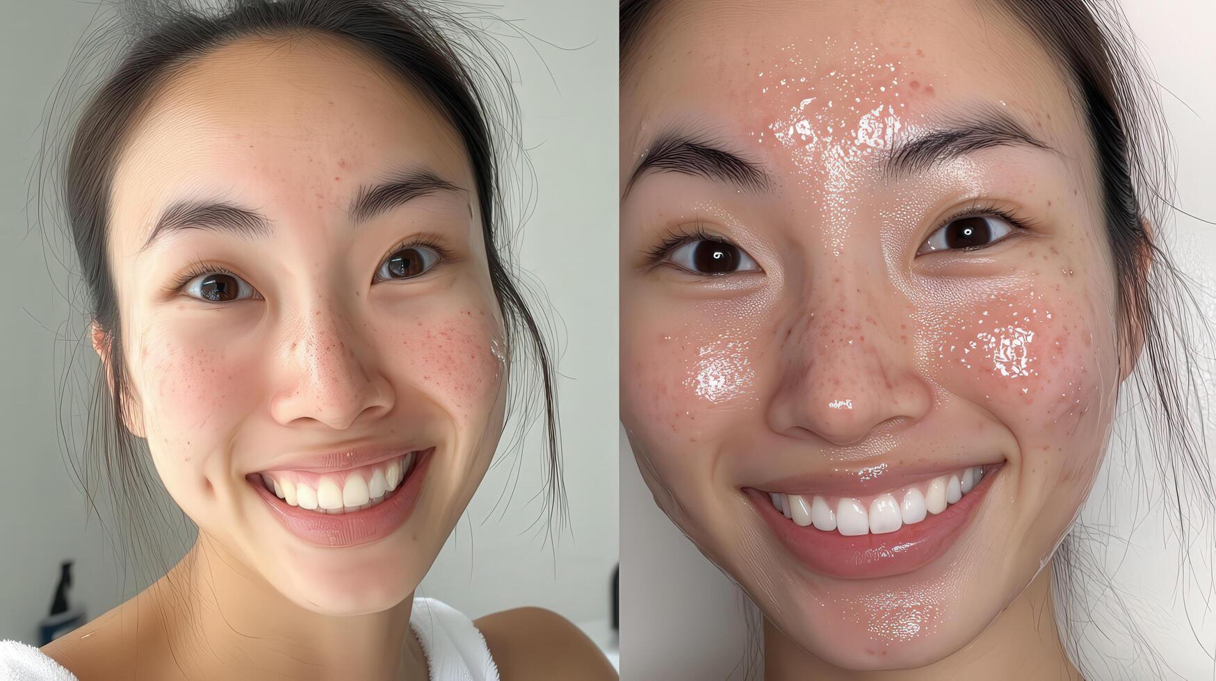 Comparison of facial skin before and after application of skincare product. photo