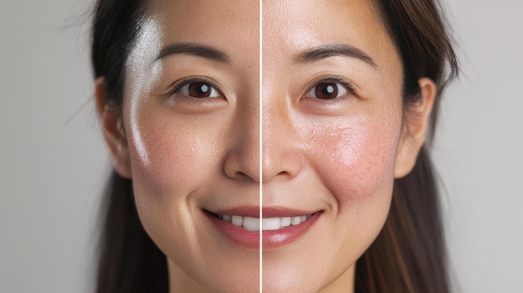 Comparison of skin tone with and without cosmetic product. photo