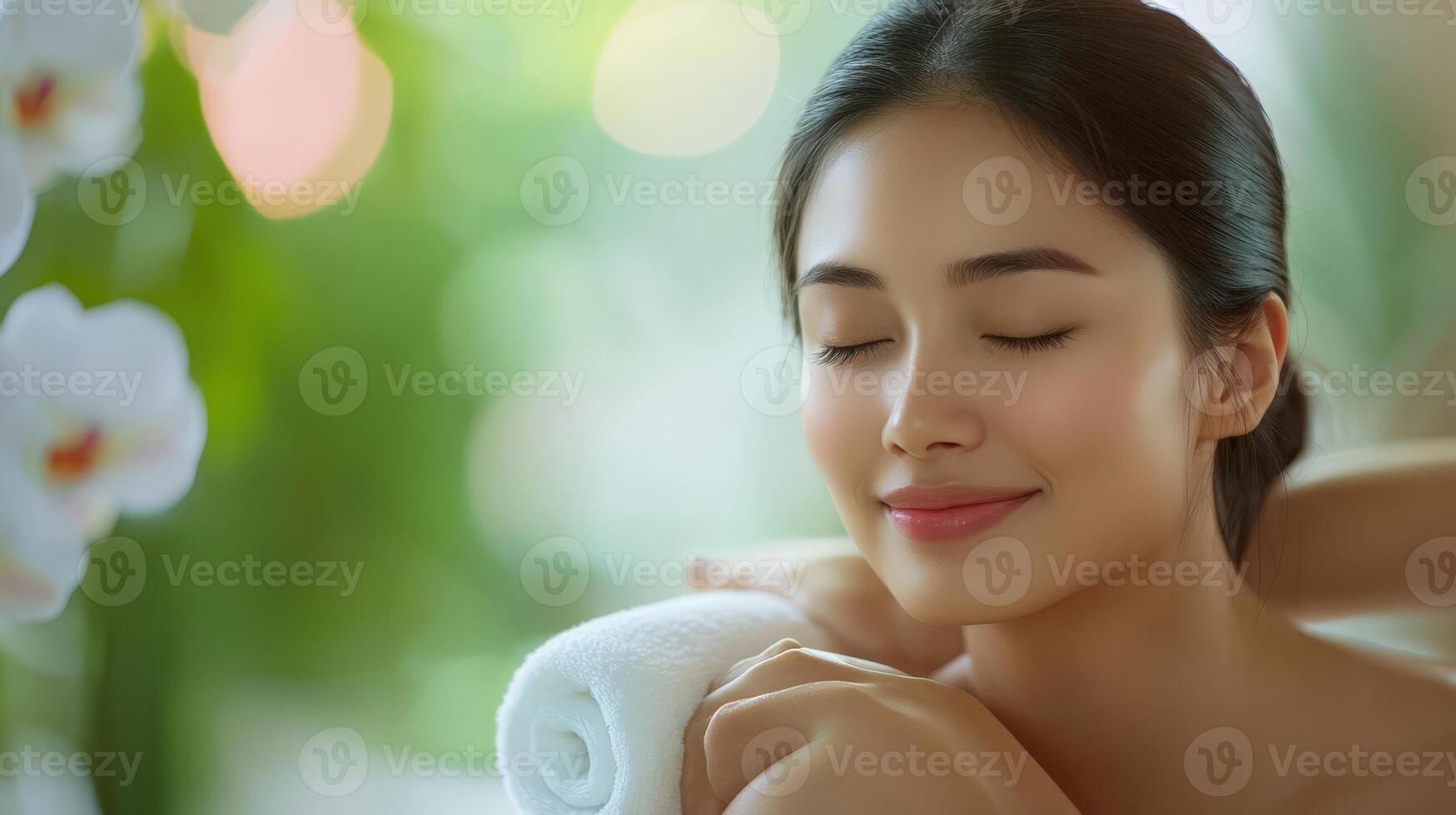Relaxed woman receiving a shoulder massage. photo