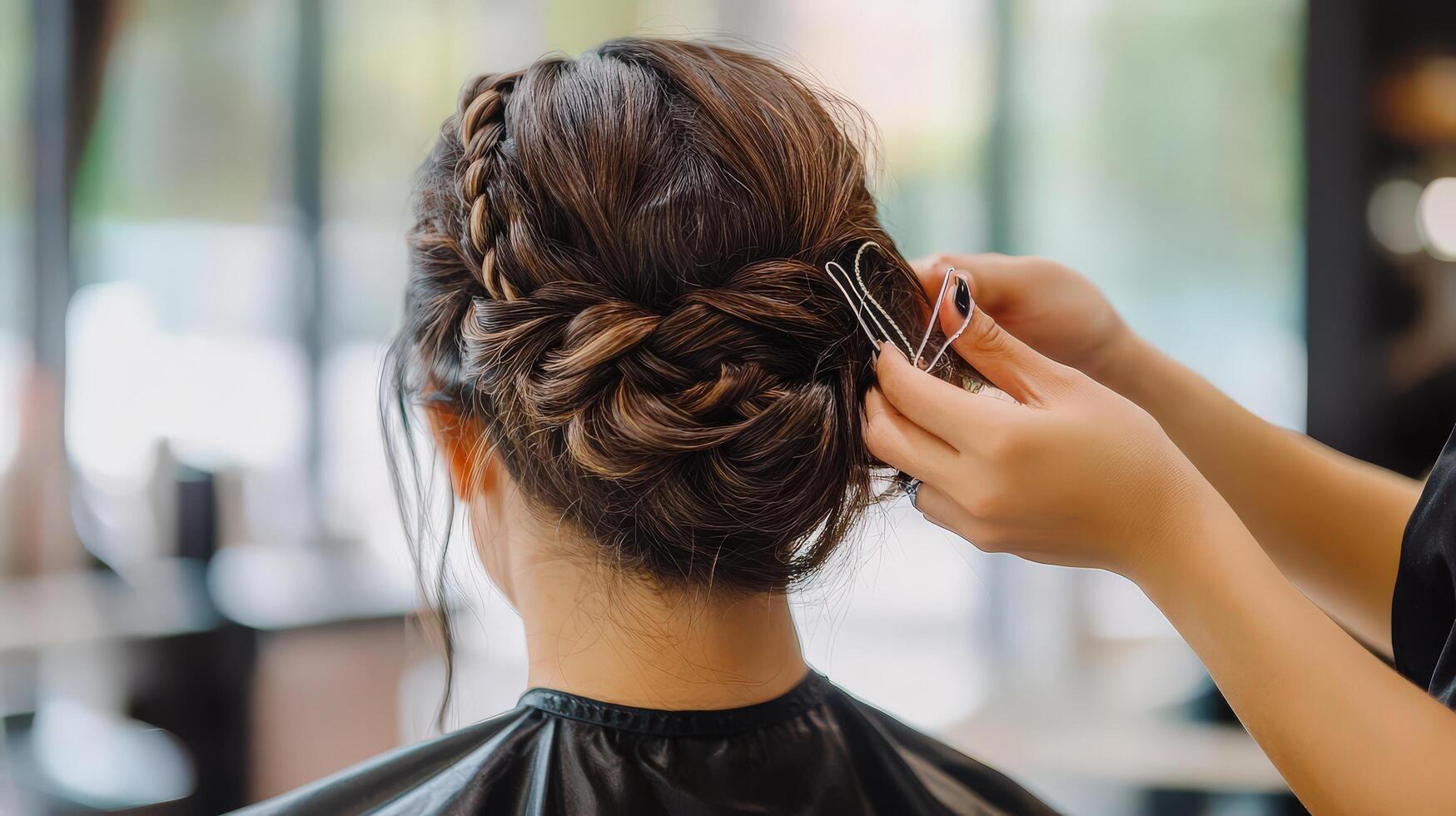 A woman is getting her hair done at a salon photo