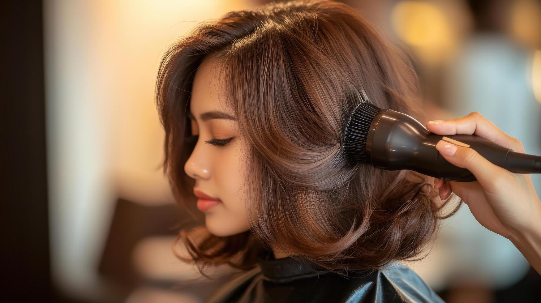 A woman is getting her hair blow dried by a hairdresser photo