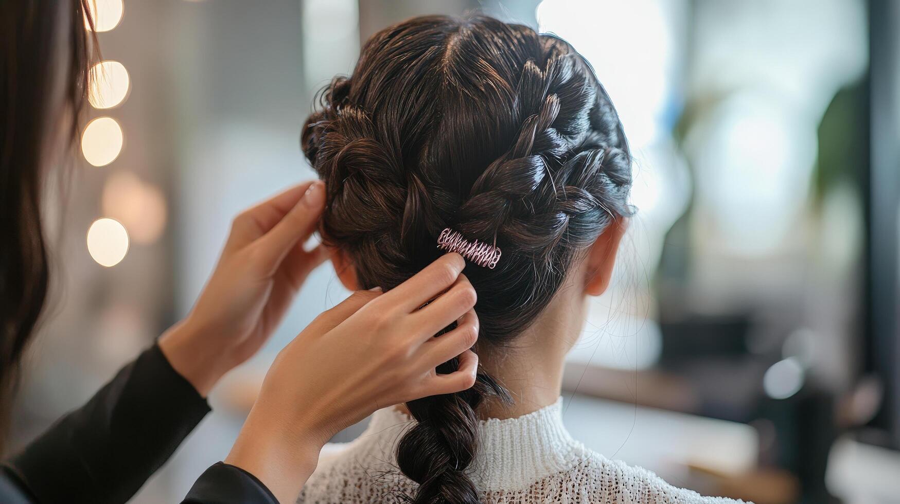 A woman is getting her hair braided into a braid photo