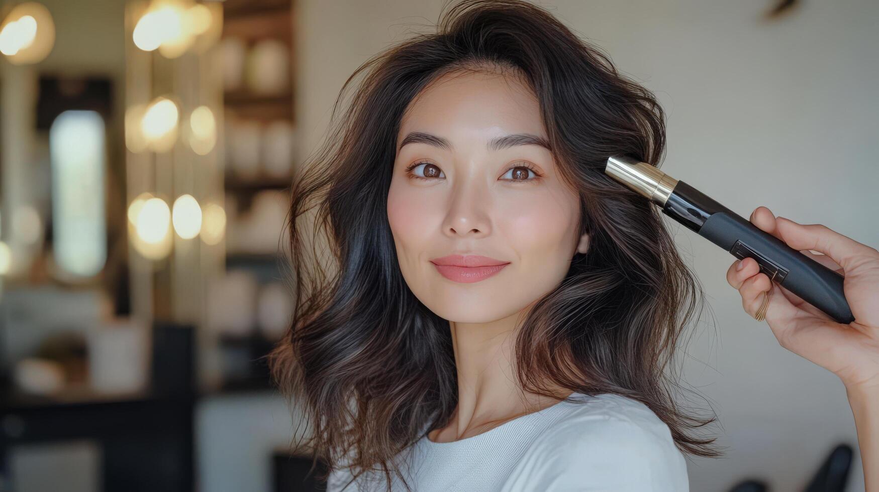 Smiling person with styled dark hair and a hair styling tool. photo
