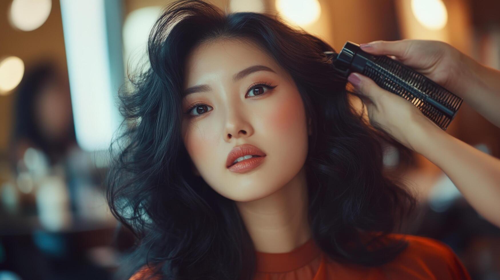 A woman with long black hair getting her hair done photo